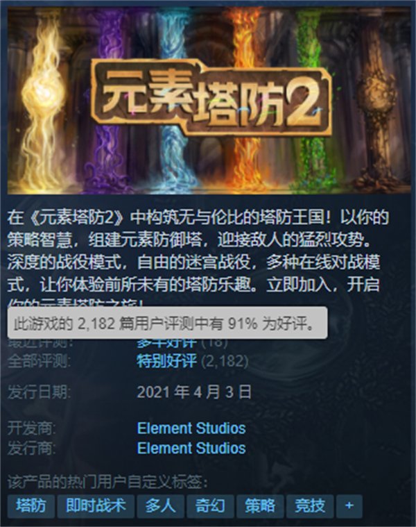 Steam特别好评游戏[元素塔防2]已实现完全中文本地化